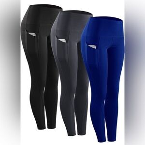 Neleus High Waist Leggings 3 Pack with Side Pockets Black Blue Gray Size Large
